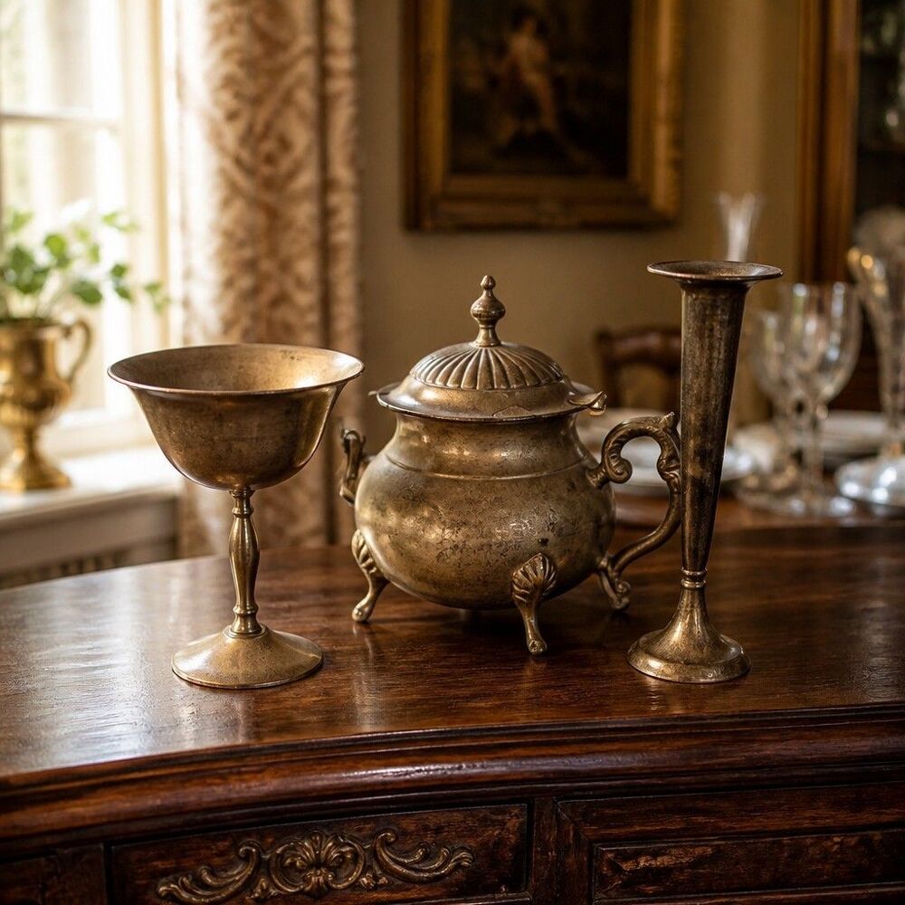 Vintage Brass Tea Pot Set with Goblet and Bud Vase Decorative Ornate